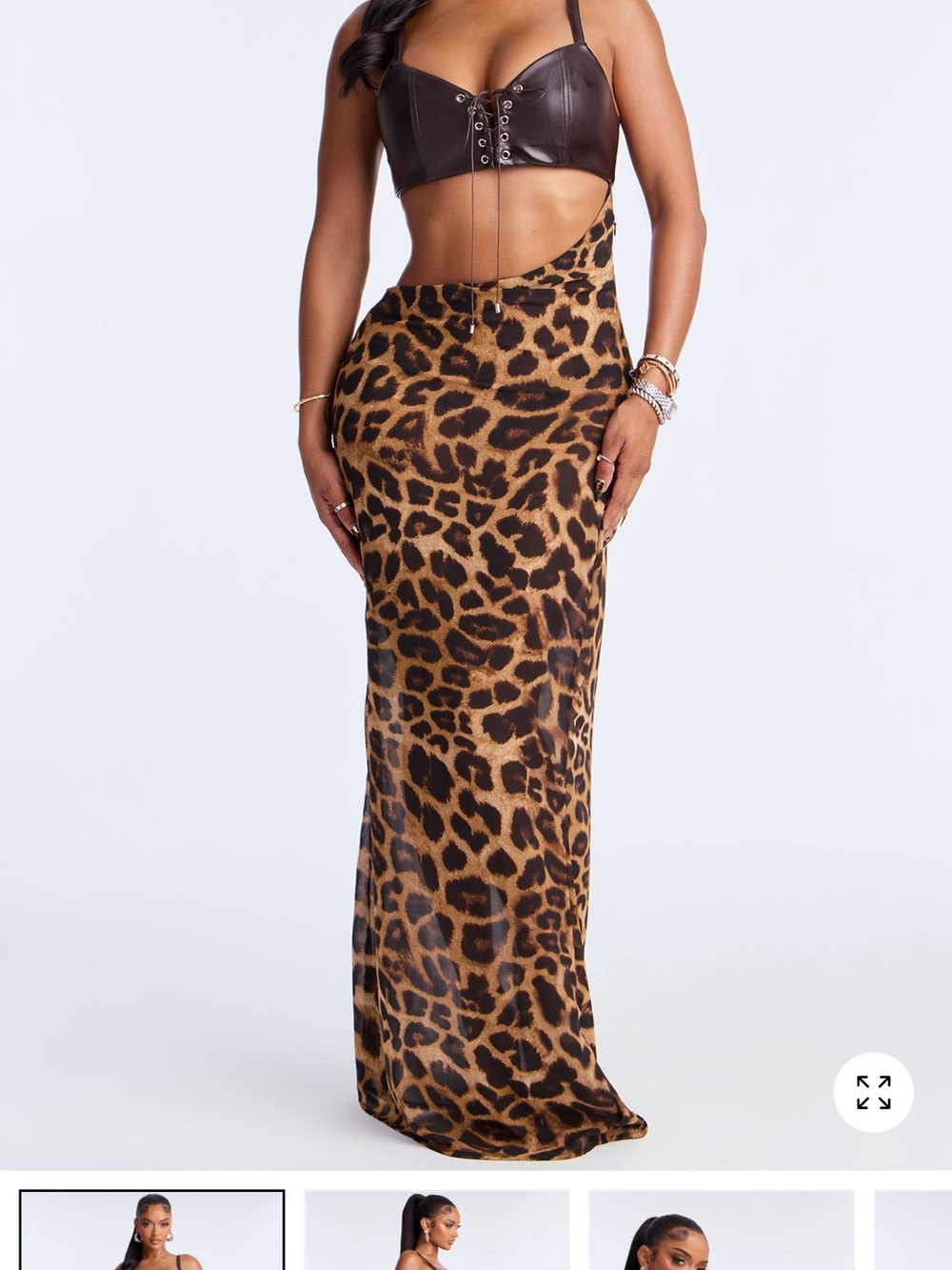 Leather top/ Leopard Print Maxi dress - Brown